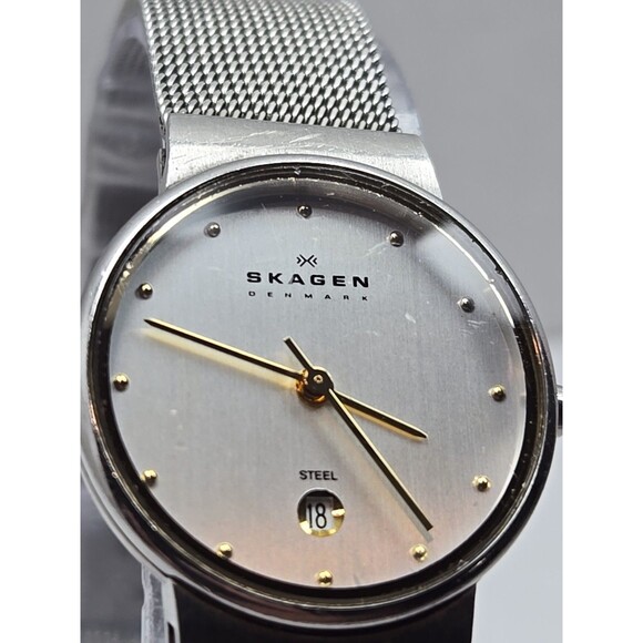 Skagen 355SGSC Ultra Slim Steel Mesh Date Silver Dial Quartz Watch New Battery - Picture 4 of 10
